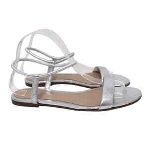 Gianvito Rossi Jaime Silver Metallic Leather Ankle Strap Flat Sandals Size 36.5